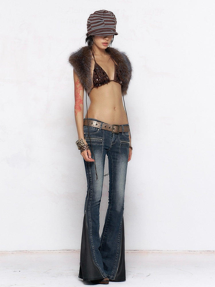 Faded Zip Waist Deep - Two-Way Blue Jeans Cuff Wash with Low Details