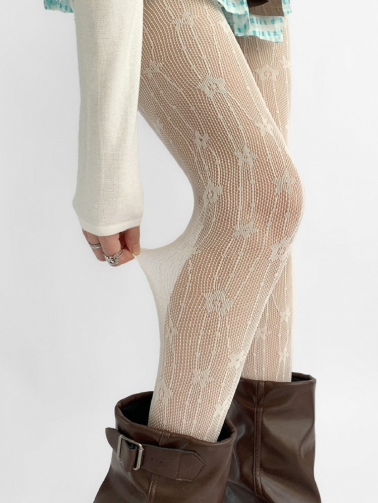 Tights Hollow-out Details Design Floral Beige