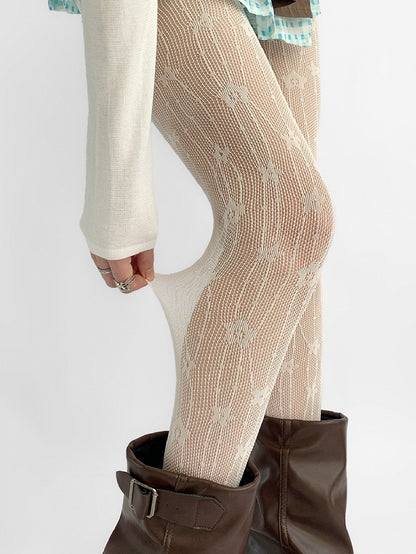 Tights Hollow-out Details Design Floral Beige