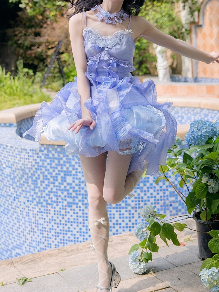 Cute Blue Summer Bottoms with Ruffle Hem - Zao Jing Ji