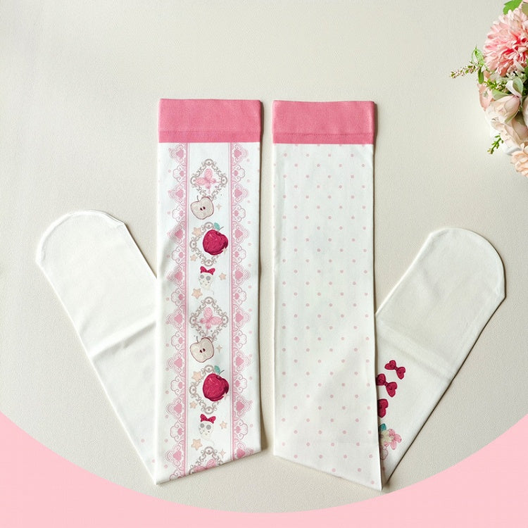 Red Apple and Bow Print Over Knee Stockings