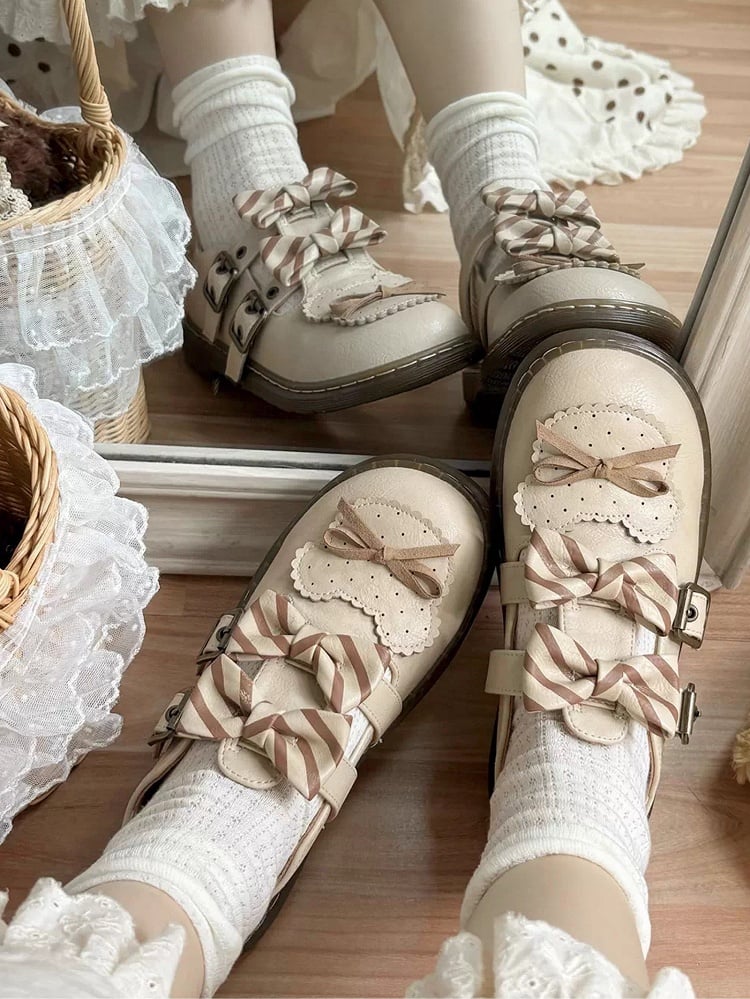 Details Design Beige Bär gestreifte Flats Bowknot Lolita Muster