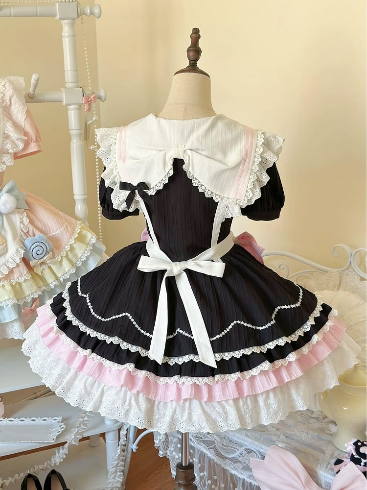 mit Maid Pink Matrosenkragen Schürze Herz Lolita Schwarz und süßem Kleid Kitty