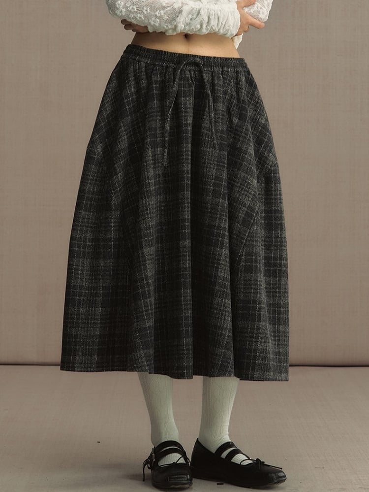 Gray Elastic Waist Tweed Plaid Tea Length Skirt