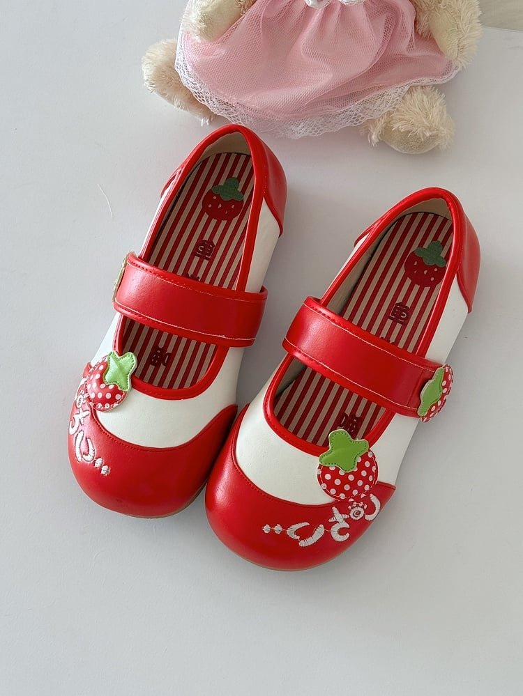 Red Indoor Sweet Shoes Appliques with Soft Round-Toe Soles Strawberry Lolita