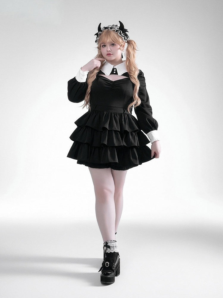 Black White Jirai Kei Collared Tiered Ruffle Dress Shorts Set - Fluffy Heart