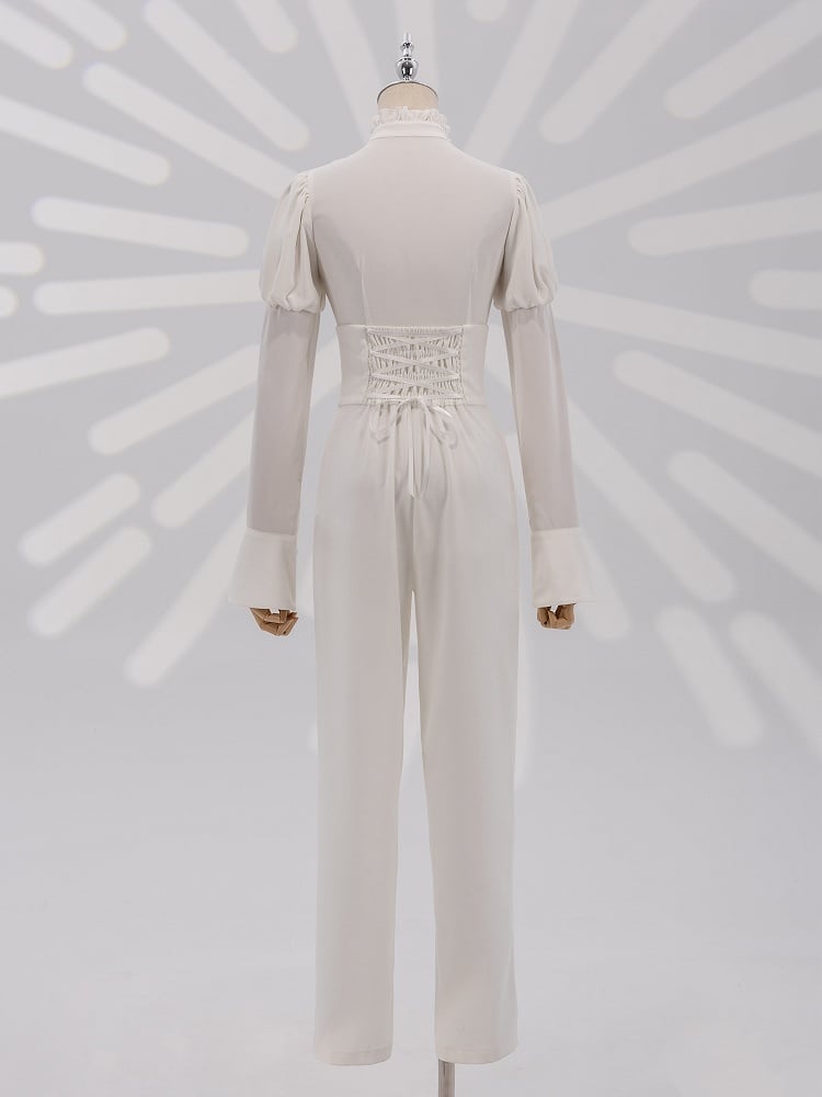 White Long Juliette Sleeve Shirt with Ruffled Neckline and Jabot - DevilInspired Exclusive Collection