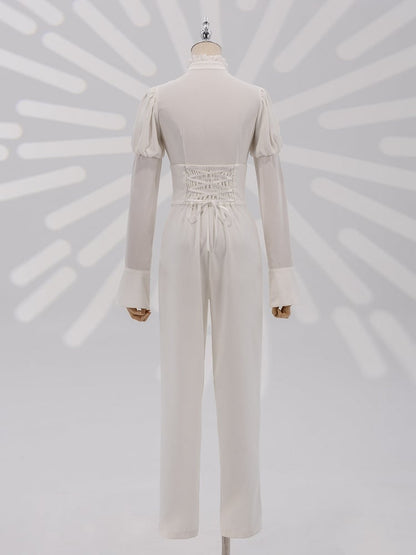 White Long Juliette Sleeve Shirt with Ruffled Neckline and Jabot - DevilInspired Exclusive Collection