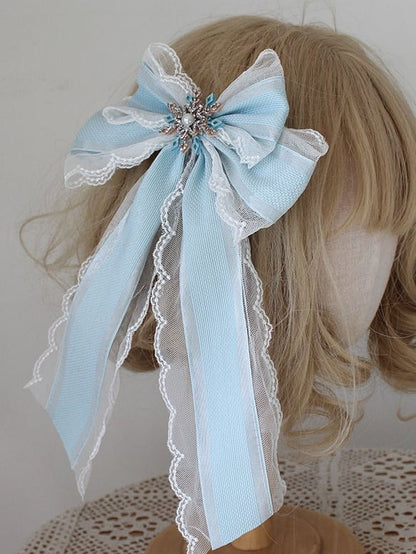 Blue Christmas Beaded Snow Bowknot Lace Trim Mini Hat With Veil