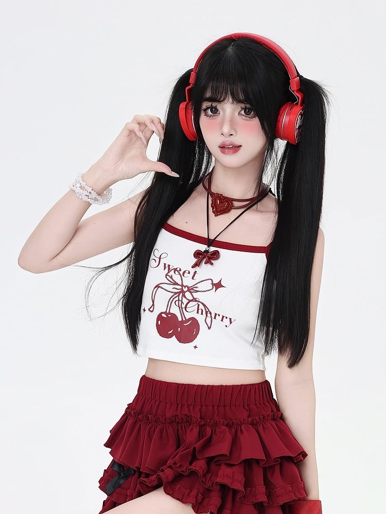 Rotes/schwarzes, kurzes Cami-Top mit Kirschdruck, Lila/Weiß