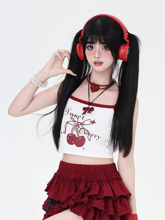 Rotes/schwarzes, kurzes Cami-Top mit Kirschdruck, Lila/Weiß