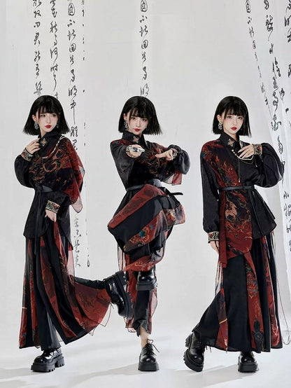 Set Pants BlackRed Pendant + Chain Shirt Embroidered Chinese-style Hanfu Waist