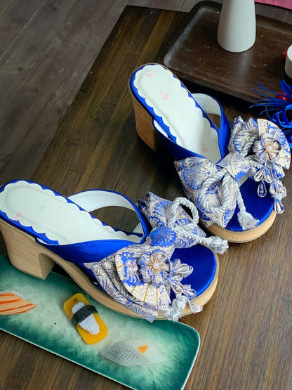 Dark Blue 2.5CM Platform 8cm Heel Clogs with Big Bow and Floral Details - Aimee