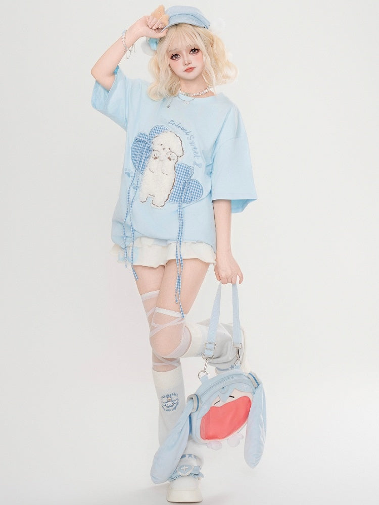 ライトブルー/ピンクの愛らしい子犬のぬいぐるみアップリケ半袖ルーズフィットTシャツ