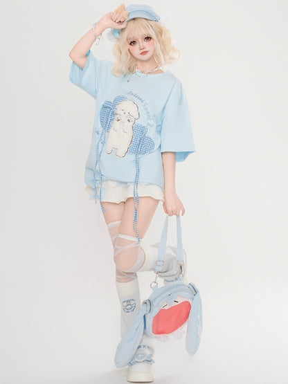 ライトブルー/ピンクの愛らしい子犬のぬいぐるみアップリケ半袖ルーズフィットTシャツ