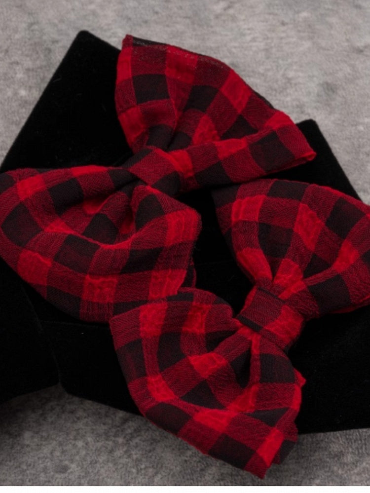 Bowknot Clip Plaid Red And Bowknots Black Pins Double Details With Pattern