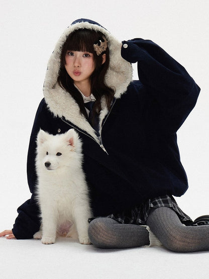 - Front Jacket Interior Hooded Dark Fleece Zipper Blue Cozy