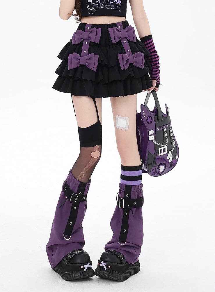 パープルの裏地付きレッグウォーマー、ティアードスカート、クロスボウノットストラップ付き、ブラック
