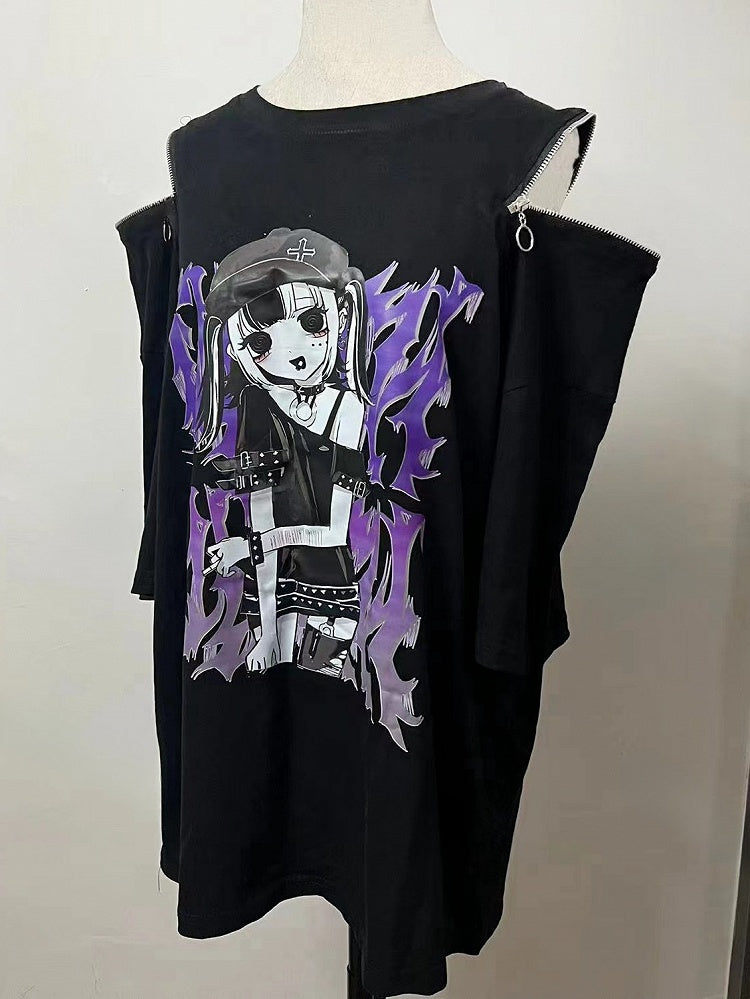 T-Shirt Kei Schwarzer Hals Runder Cartoon Mädchendruck Jirai