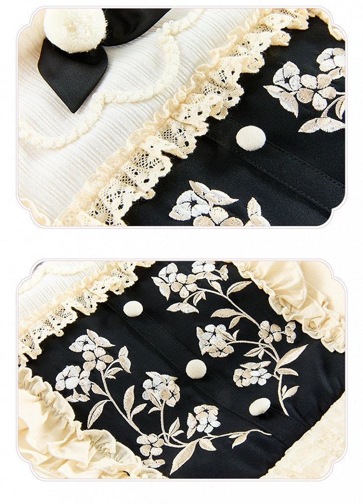 und Ausschnitt Beige Lange Ärmel Manschetten Lolita Floral Plüsch Kleid Mieder Stickerei