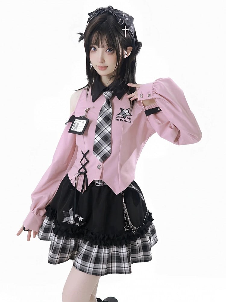 Top: with Idol Bittersweet Open Buckles Star Shirt Pink Punk Shoulder Core Fashion