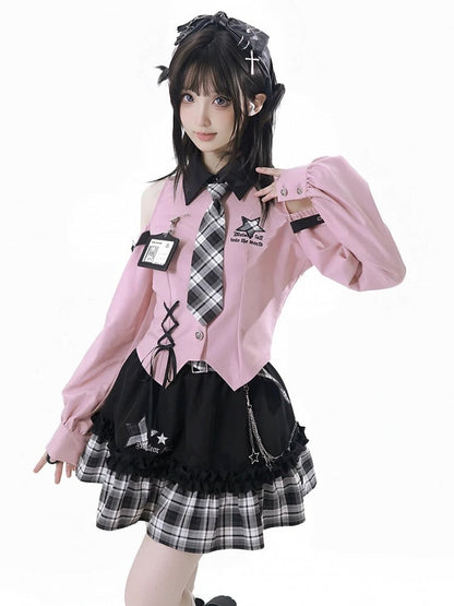 Top: with Idol Bittersweet Open Buckles Star Shirt Pink Punk Shoulder Core Fashion