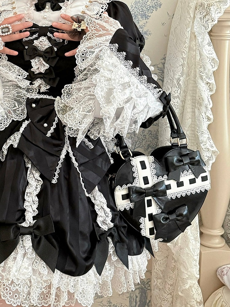 PU-Saum, Schleife, süße Riemen, herzförmige Handakzente, Tasche, schwarz, gewellt – Lolita