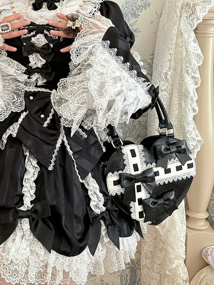 PU-Saum, Schleife, süße Riemen, herzförmige Handakzente, Tasche, schwarz, gewellt – Lolita