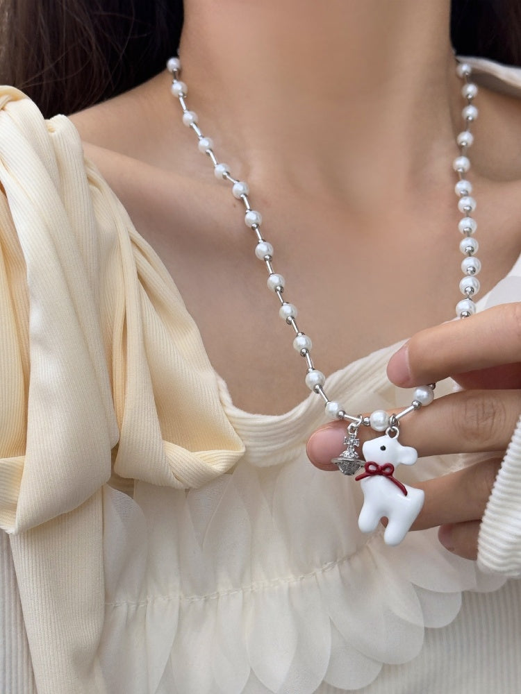 Y2K Red Bow Ring/Beaded Necklace