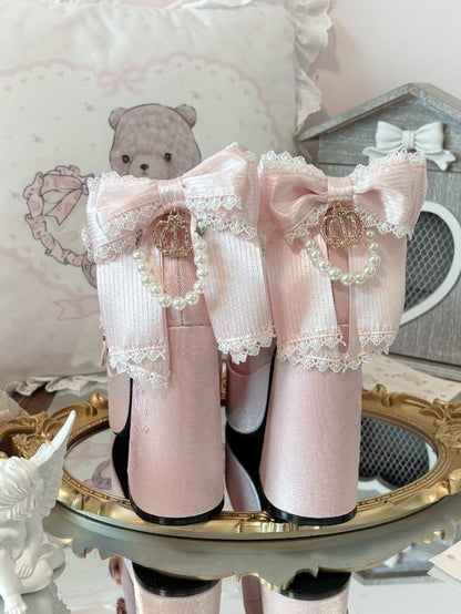 Snap Platform Detachable Chain Heel Heels Striped - Lolita Closure Pink Heart Charm Sweet Block Beaded Back Bows High