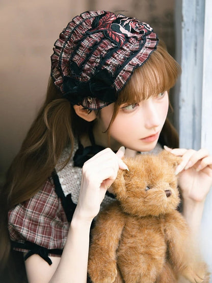 Ruffled with Green/Red Accent Hairband and Embroidery Lolita Black Plaid Bow Rose