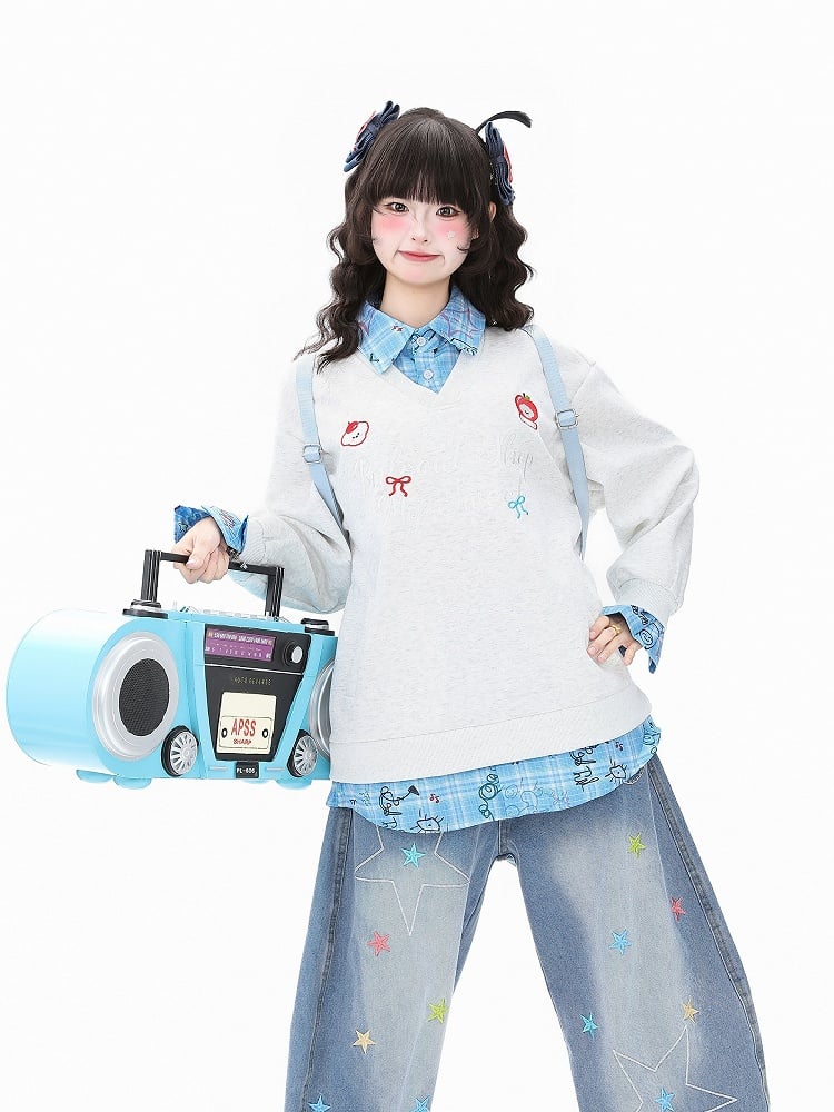 Design Blue/Pink Plaid Polo Two-Piece Faux Sweatshirt Collar