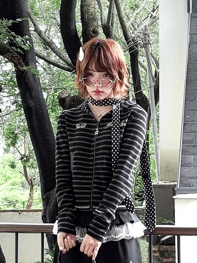 Striped with Gray Jacket Black Accents Rhinestone Star-shaped Zipper Closure Y2K