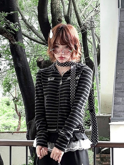 Striped with Gray Jacket Black Accents Rhinestone Star-shaped Zipper Closure Y2K