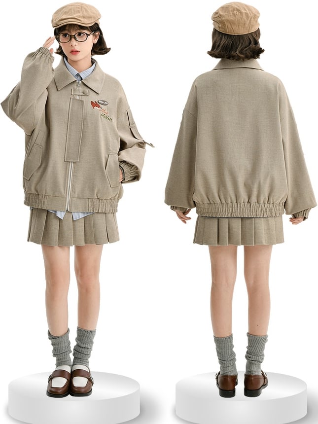 カーキ色のリボンアクセントのチェック柄プリーツスカート