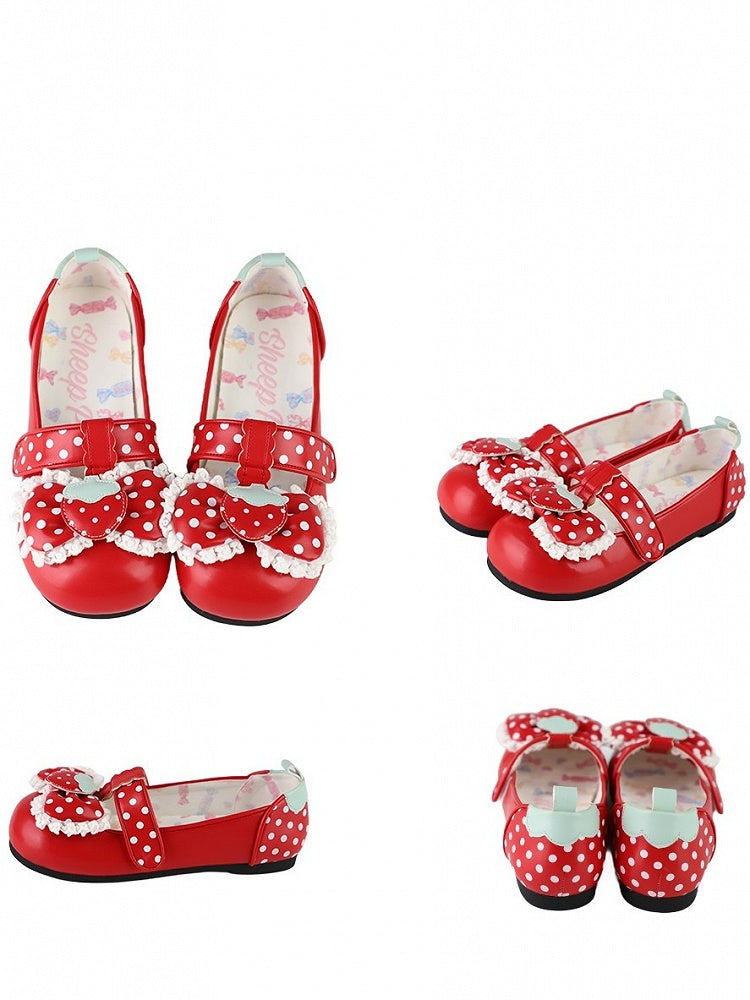 PU Strap at Polka-dot with Shoes Pattern Red Sole Lolita Sweet Closures Top Flat Bow Velcro