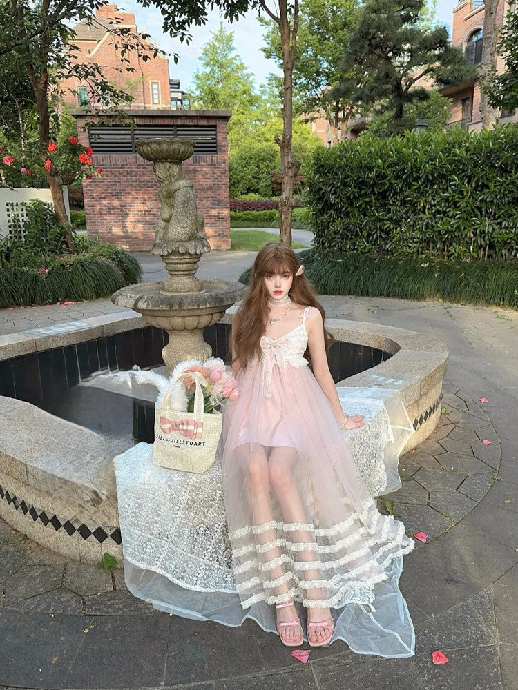 Rosa Länge Slip Spitzenkleid Rüschen Bowknot Tiered Knöchel mit