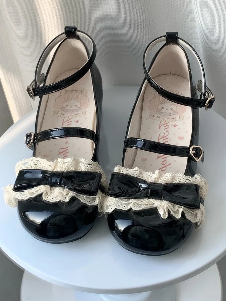 Mid with Trim Lace Lolita Heels and Mary - Sweet Details Jane for Heart Buckle Black Bow
