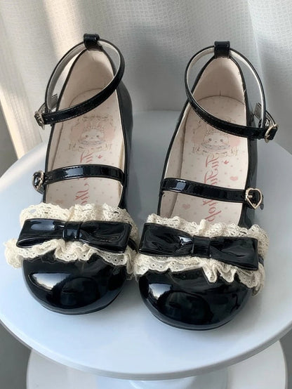 Mid with Trim Lace Lolita Heels and Mary - Sweet Details Jane for Heart Buckle Black Bow