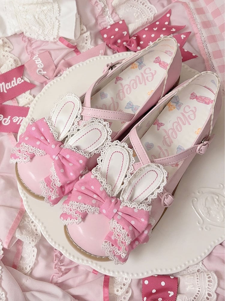 Pattern Bunny Polka-dot Lolita at Ear Shoes Crisscross Bow Pink Top Design