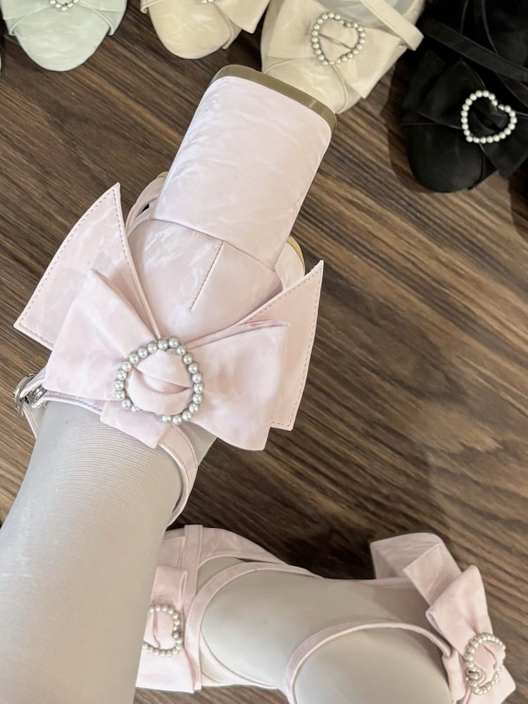 Hohe rosa Schleifen Lolita Riemen Akzent Block Herz Kreuzmuster Design Absatz - Perlen Sandalen