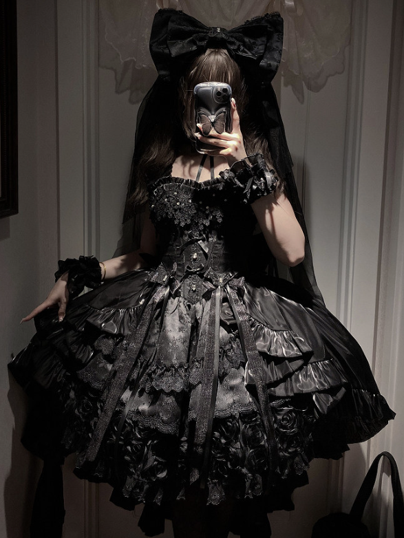 Jacquard Waist Blooming Lolita Basque Flower Accents Lace Hime Black Layered Fluffy Dress with