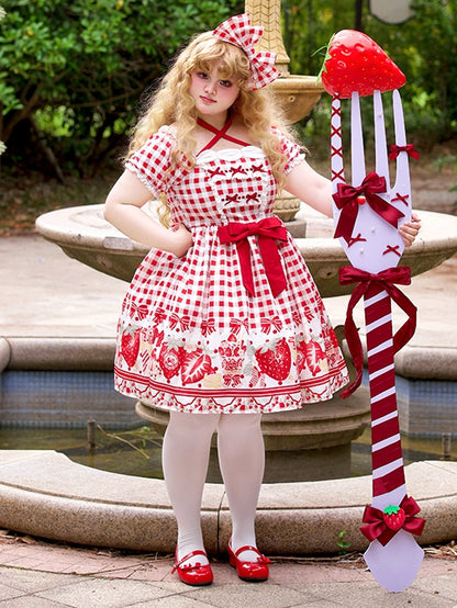 Dress Red Size Bow Gingham Lolita and Print Plus Strawberry