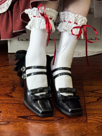 Elegant Dual Bow Square - Heels PU Toe High Black Accents Block Lolita Buckles