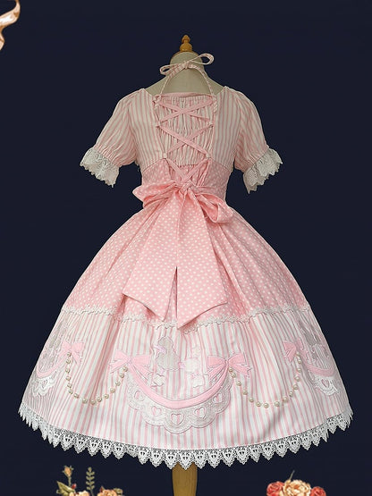 Print Polka Short Pattern Dots Pudel Pink Gestreifte Lolita-Ärmel mit Kleidschleife und Aufnäher