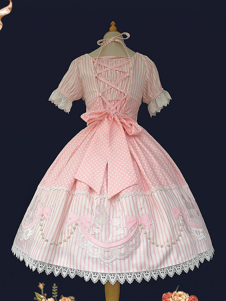 Polka Dot & Striped Pink Lolita Short Sleeve Dress with Poodle Patch - Infanta