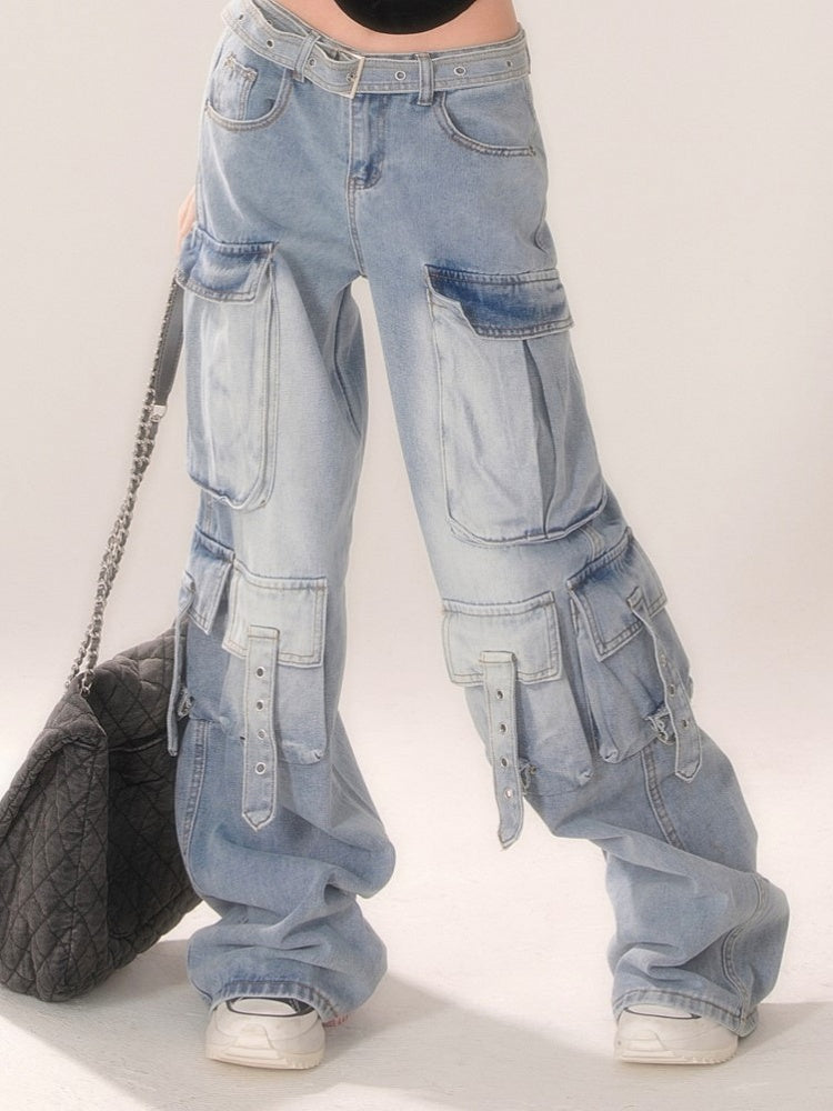 Wide-Leg Cargo Jeans with Strap Detailing Blue Gradient