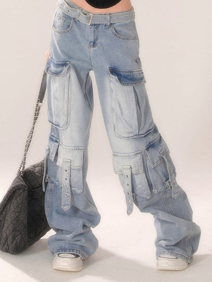 Gradient Blue Wide-Leg Cargo Jeans with Strap Detailing