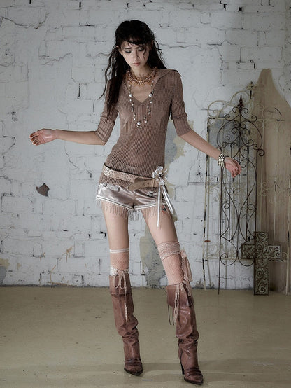 Pink-Brown Star V-Neck Knit Top with Hollow Out - NO ROMANCE