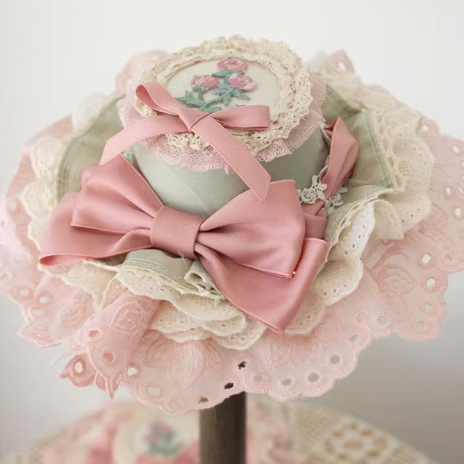 Floral Embroidery Lace Trim Top Hat